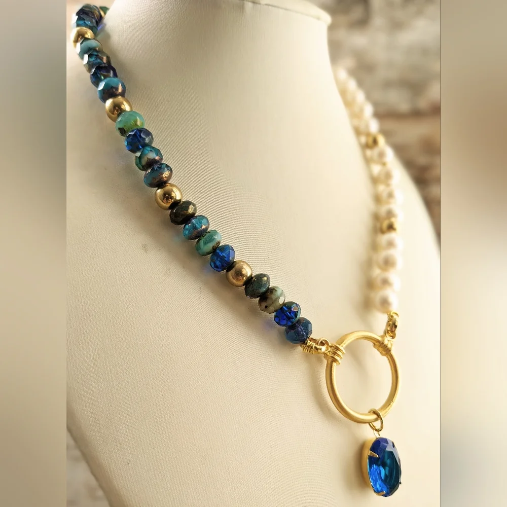 Blue Glass & Crystal Beads & White Freshwater Pearls In Assymetrical Necklace